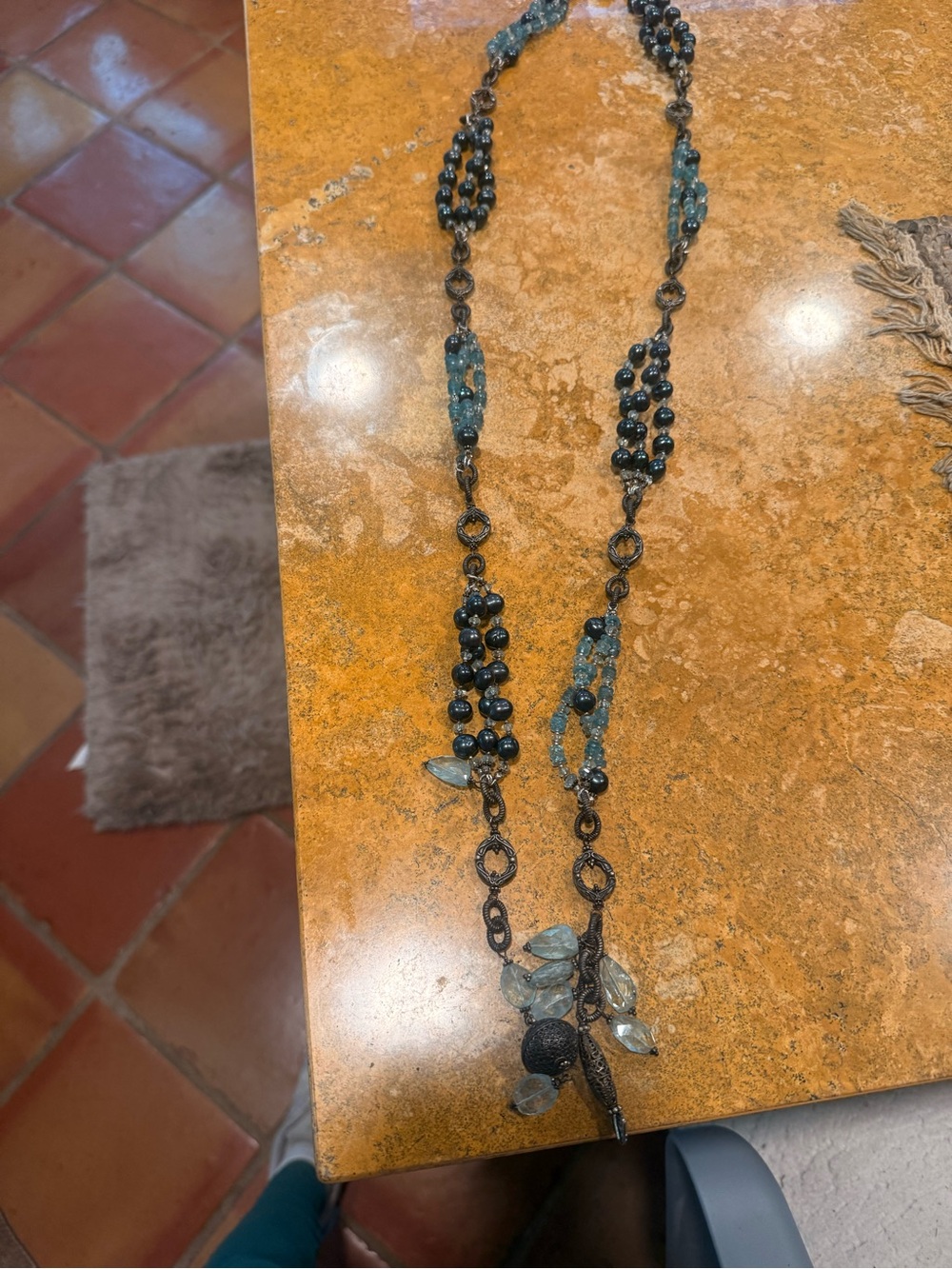 Blue Beaded Pendant Necklace  or belt w silver accents with Charms